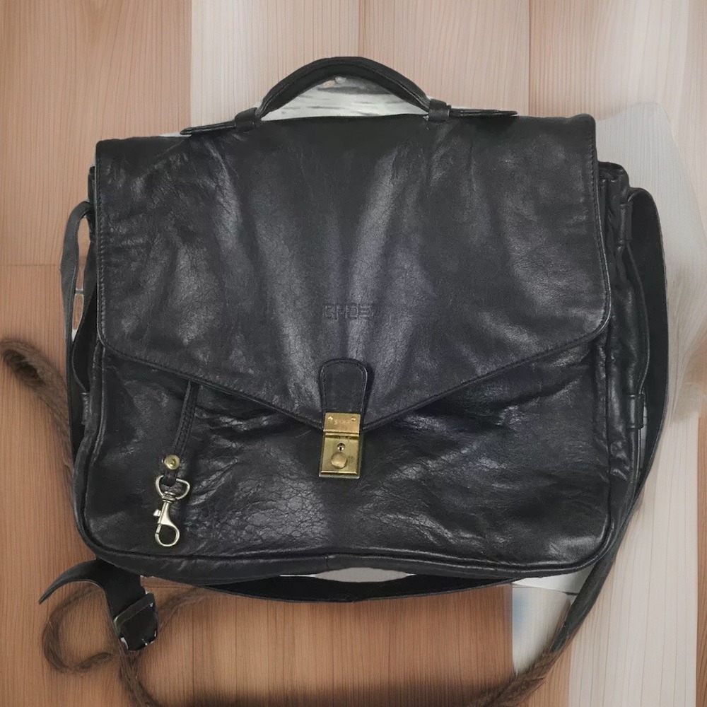 BREE Mens Smooth Black Leather Crossbody Messenger Bag Briefcase Travel Laptop